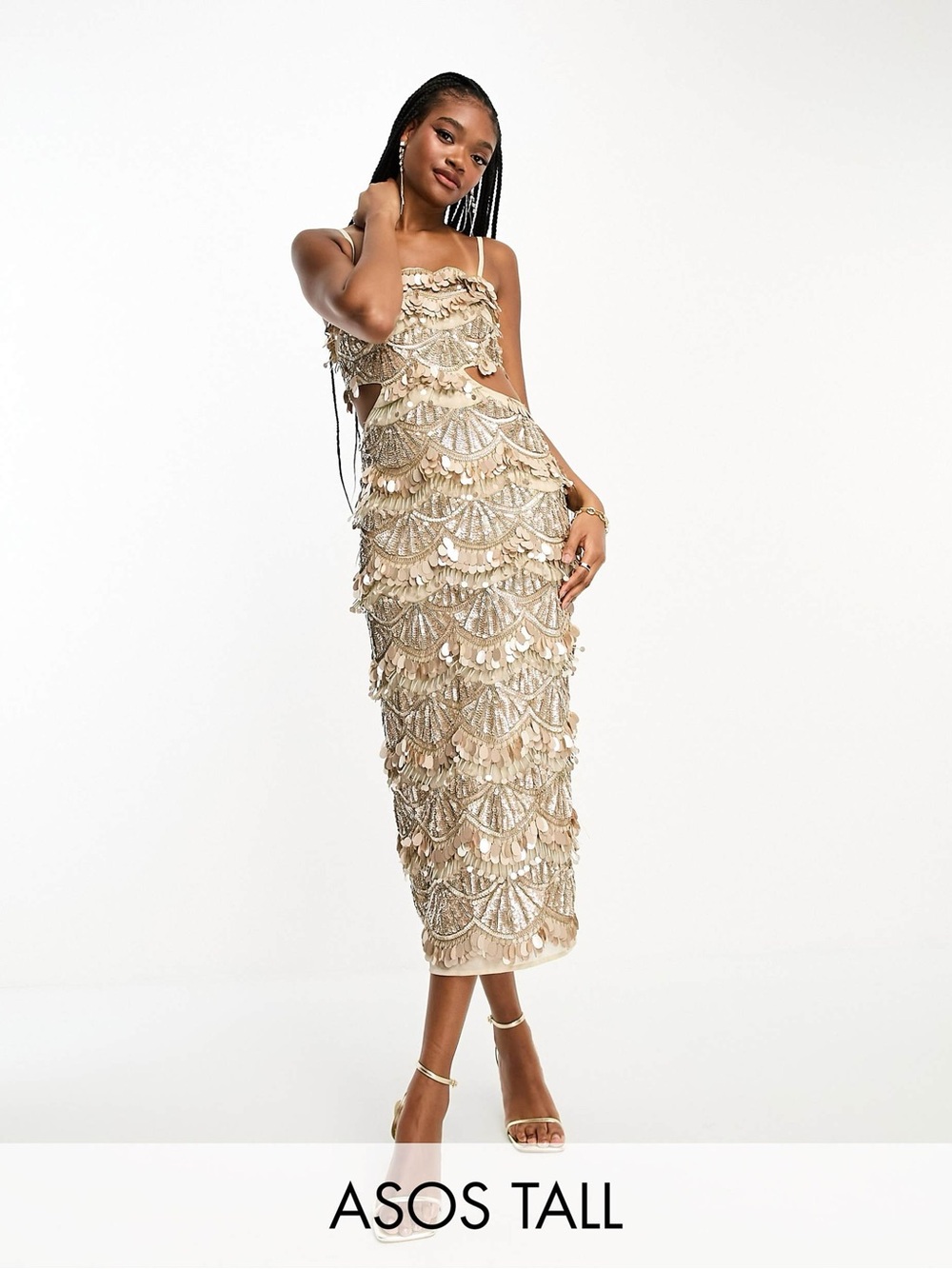 ASOS Champagne Sequin & Disc Embellished Backless Cutout Maxi Dress Tall
